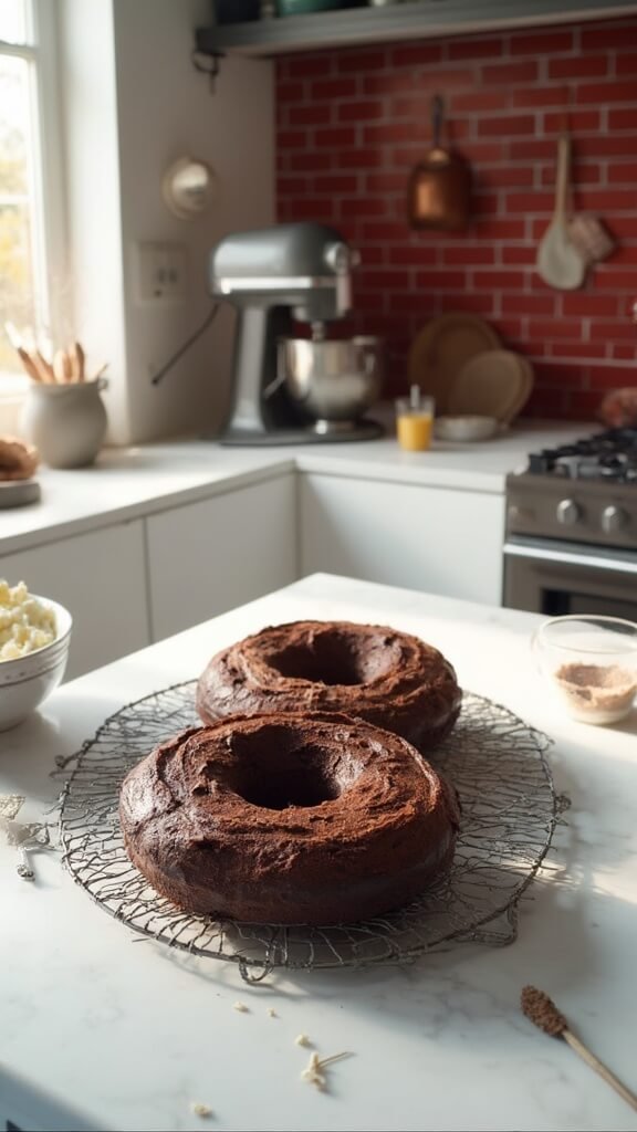 Chocolate cake layers cooling on wire racks in a modern kitchen with ingredients for buttercream frosting arranged nearby