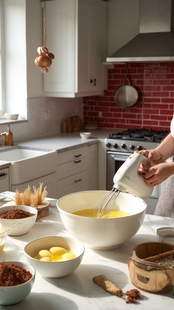 Mixing wet and dry ingredients in a modern kitchen bathed in natural light, featuring almond flour, cocoa powder, whisked eggs and melted butter.