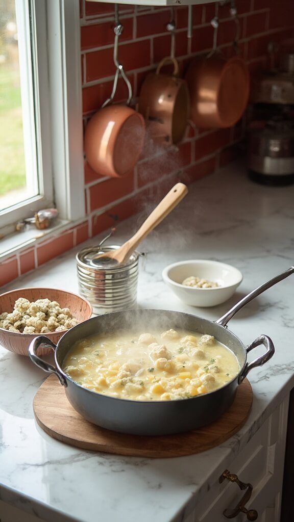 Simmering chowder base in Dutch oven with cauliflower and clam meat in a modern kitchen
