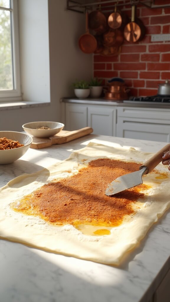 Preparation of cinnamon filling on dough in a modern kitchen with red subway tile backsplash, wooden utensils, and sunlight from the window