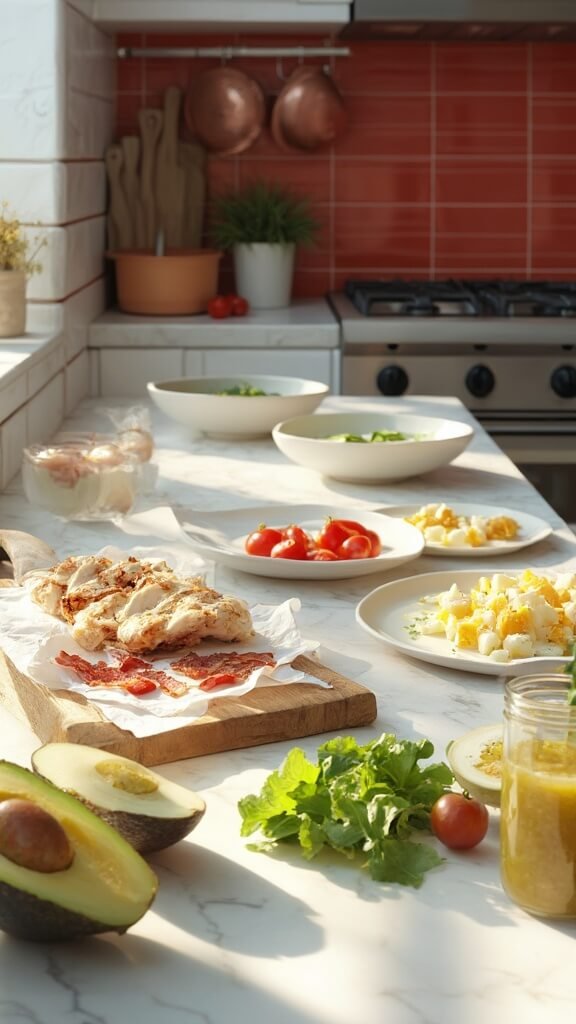 Prepped ingredients on modern kitchen counter including sliced chicken, crumbled bacon, quartered hard-boiled eggs, diced avocados, cherry tomatoes, chopped lettuce, and vinaigrette dressing