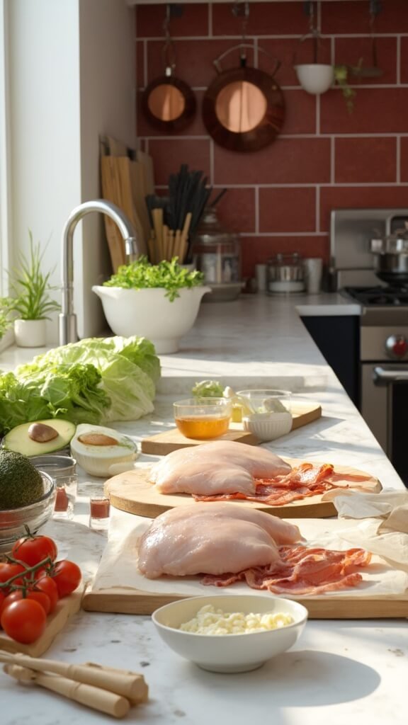 Modern kitchen with raw ingredients for Cobb salad preparation on marble countertops, lit by natural daylight