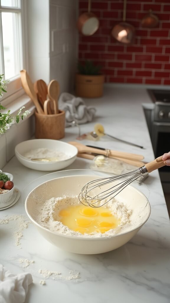 Mixing wet ingredients of beaten eggs and almond milk in a clear glass bowl in a modern kitchen with red subway tile backsplash and copper pots