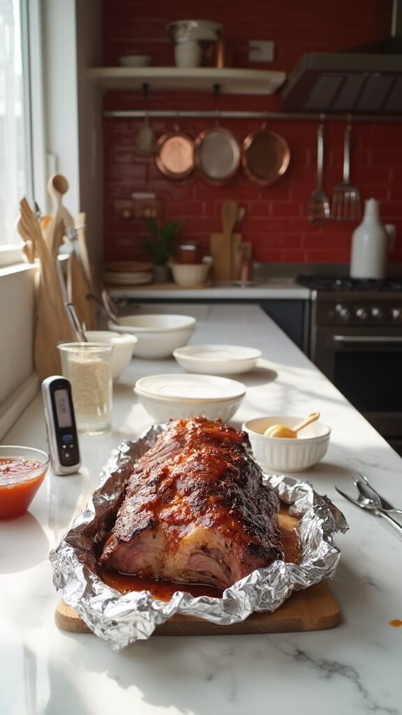 Wrapped cooked ribs with digital meat thermometer on a modern kitchen counter, BBQ sauce in a bowl with a basting brush nearby