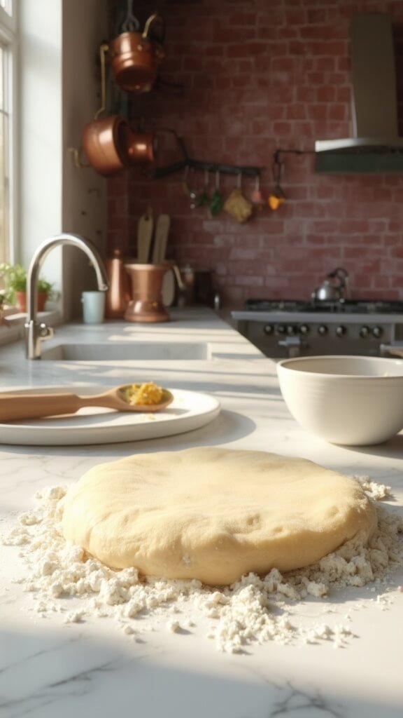 Cookie dough disk on white marble countertop with modern kitchenware in a sunlit, modern kitchen with red subway tile backsplash