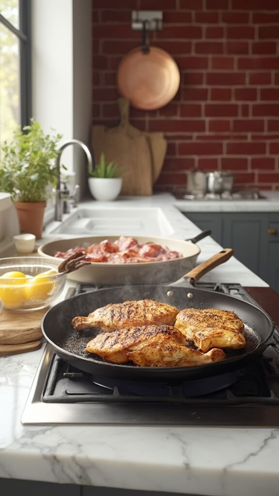 Seasoned chicken breasts in grill pan, bacon strips in cast iron skillet, and hard-boiled eggs in ice bath in a sunlight-bathed modern kitchen