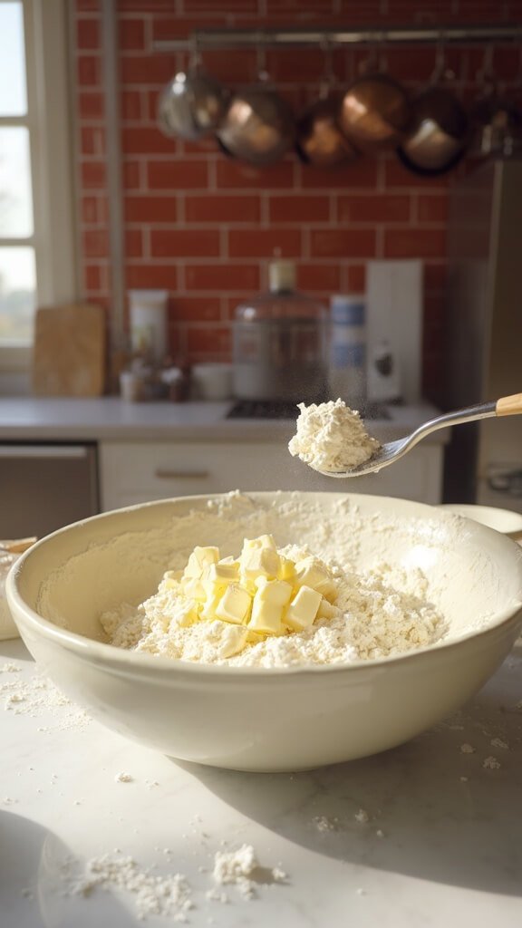 Preparation of dry ingredients in a cream ceramic bowl on a marble kitchen counter, with cold butter being cut into the mixture using a wooden fork.