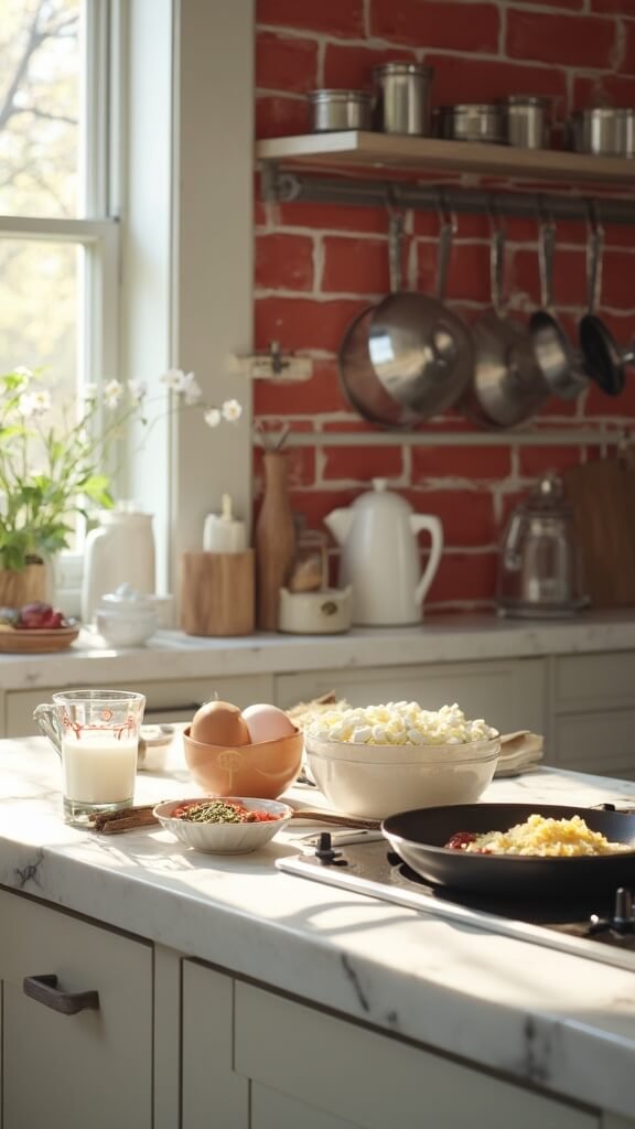 Ingredients for cooking on white marble countertop in modern kitchen with red subway tile backsplash, large eggs in cream bowl, milk in measuring cup, shredded cheese, oregano, and pizza sauce in small bowls, and frying pan on stovetop
