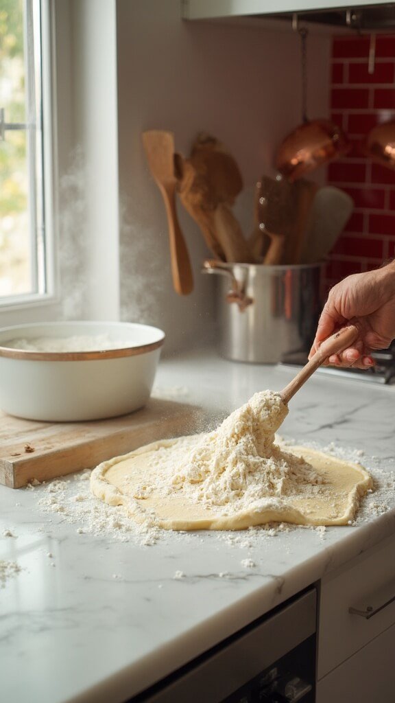 Creating fathead dough with melted mozzarella and cream cheese mixture in a modern kitchen