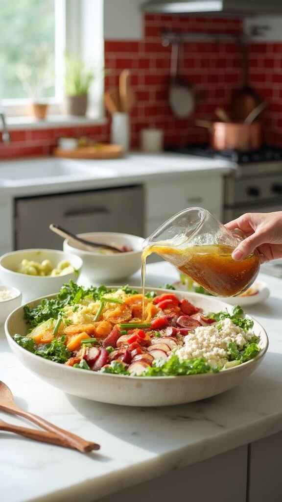 Final presentation of Cobb salad on a white ceramic platter with vinaigrette being drizzled, in a modern kitchen with red subway tiles and copper pots