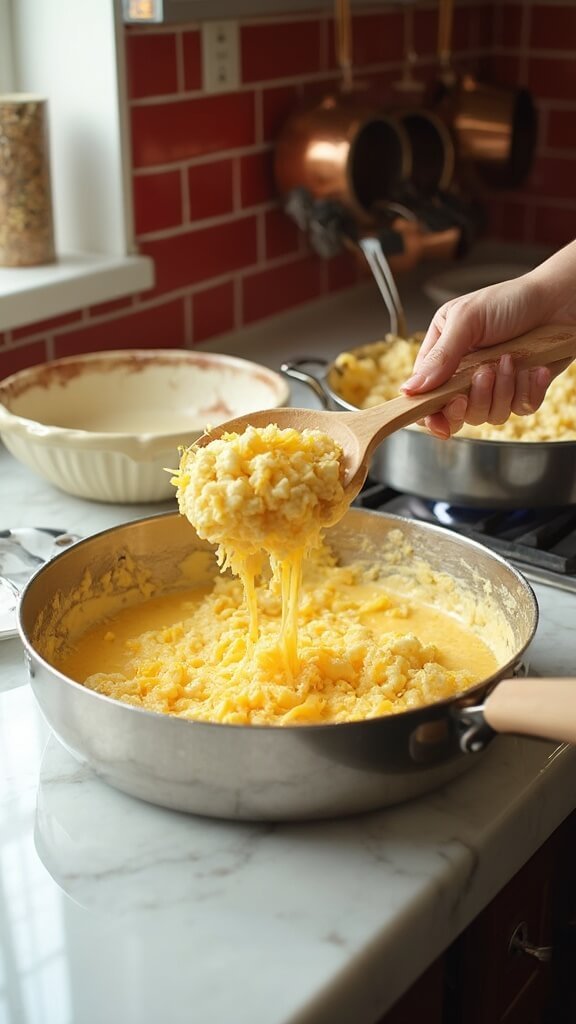 Cook folding cauliflower into glossy cheese sauce in a modern kitchen with red subway tiles and stainless steel appliances