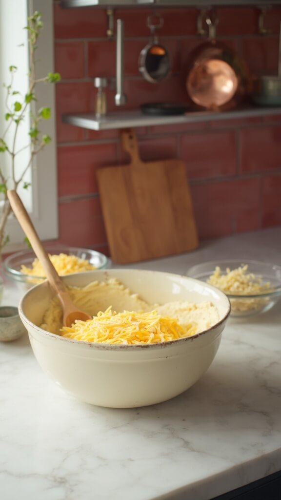 Cheddar cheese being folded into biscuit dough in a cream ceramic bowl in a modern kitchen