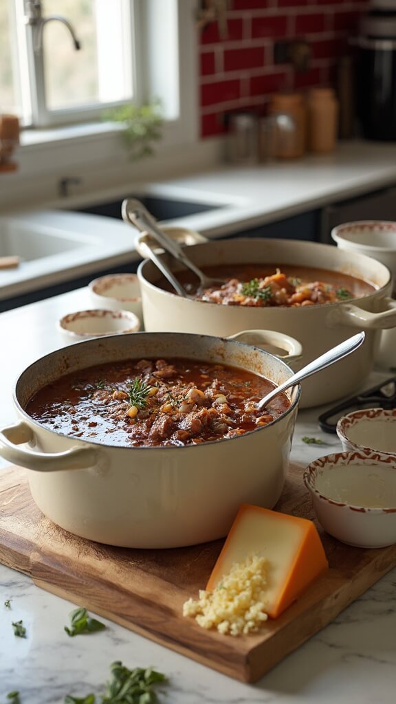 Finished onion soup in a Dutch oven on a modern kitchen counter, ready to serve with Gruyère cheese and four ceramic bowls
