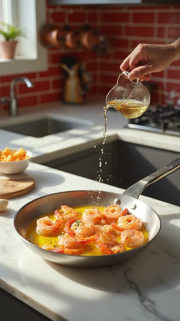 Perfectly cooked shrimp sizzling in garlic butter, highlighted by natural daylight in a modern kitchen with red subway tile backsplash