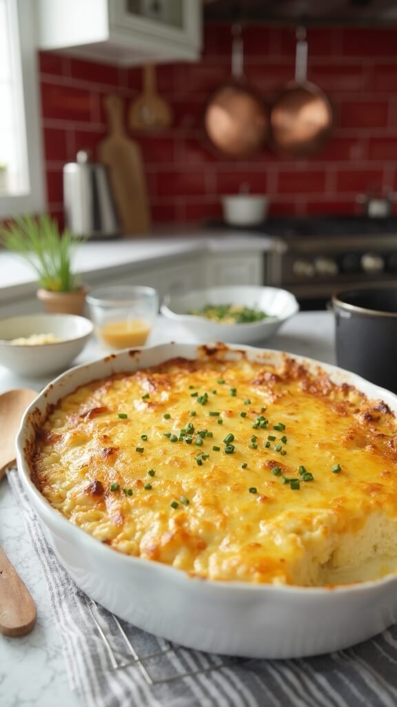 Freshly baked low-carb mac and cheese with caramelized spots and crispy edges, garnished with fresh chives, resting on a wire rack in a modern kitchen