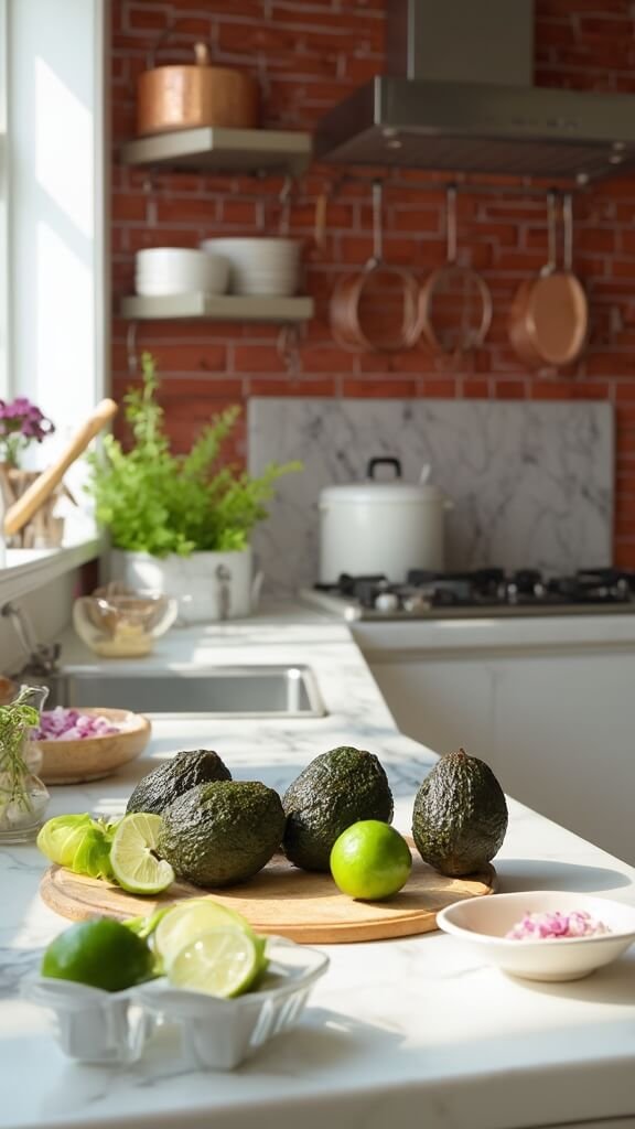 Fresh guacamole ingredients arranged on a modern kitchen counter with natural daylight.
