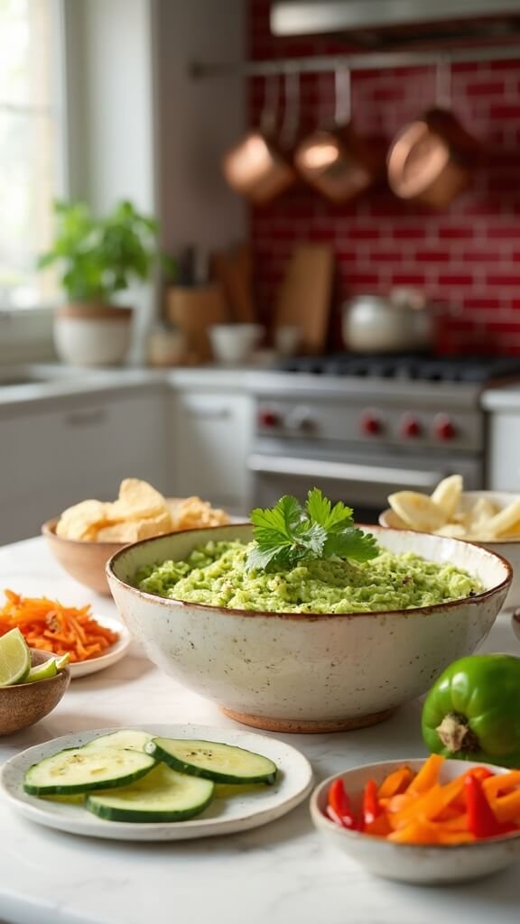 Finished guacamole in rustic ceramic bowl with cilantro garnish and lime wedge, surrounded by keto-friendly dippers including pork rinds, cucumber slices, and bell pepper strips in a modern white marble kitchen.