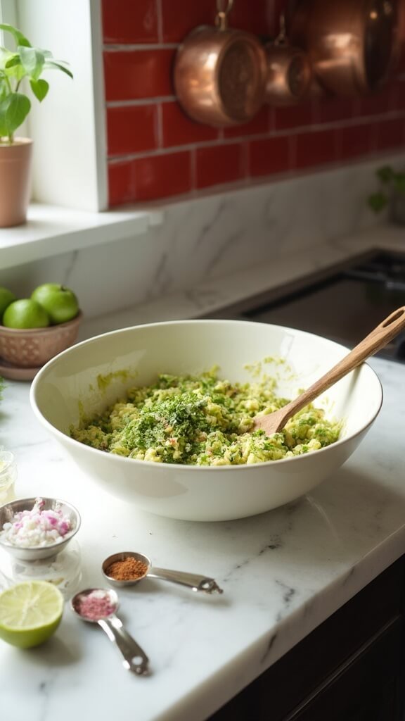 Professional food photography of guacamole preparation in modern kitchen, using chunky mashed avocado, diced onion, minced garlic, chopped cilantro, and jalapeño.