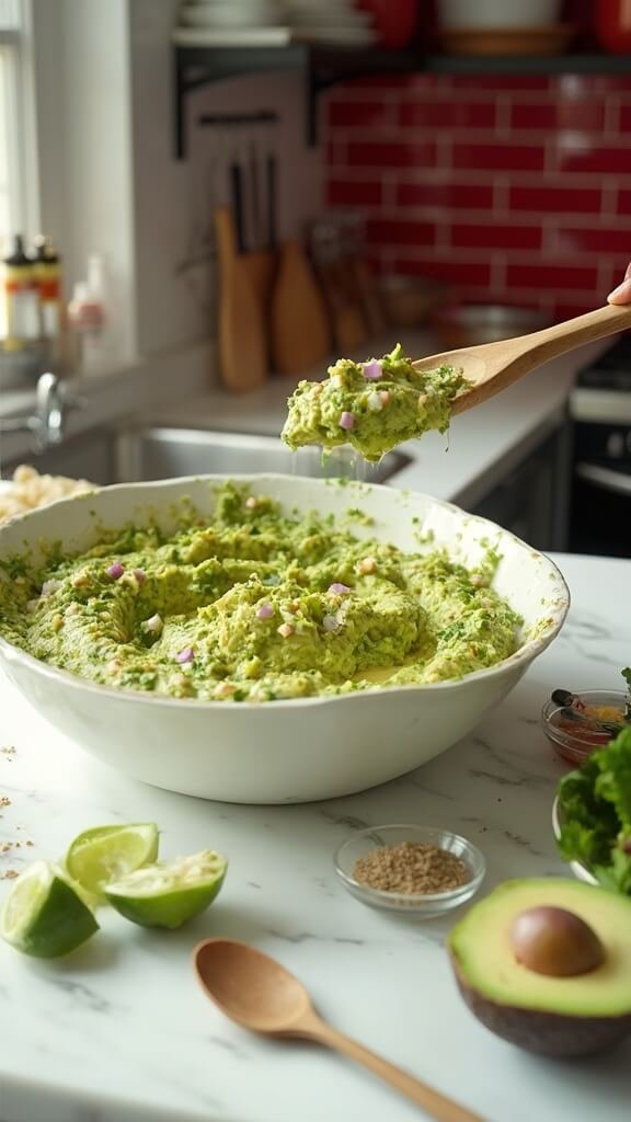 Chunky guacamole being served in modern kitchen environment, lime halves and empty seasoning bowls scattered around with a spoon resting on the counter for taste testing.