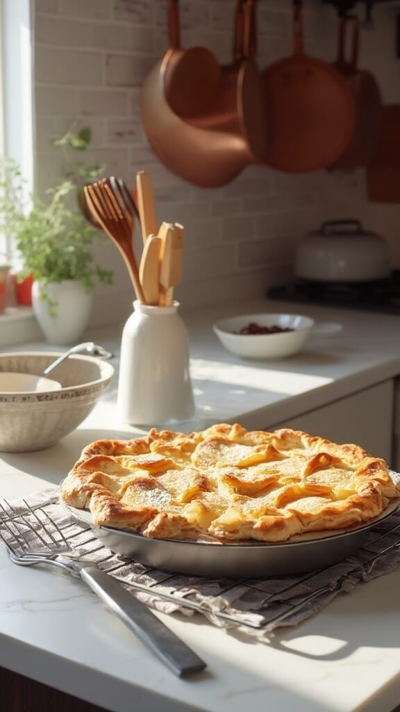 Keto apple pie with a golden-brown almond flour crust on a cooling rack in a modern white marble kitchen