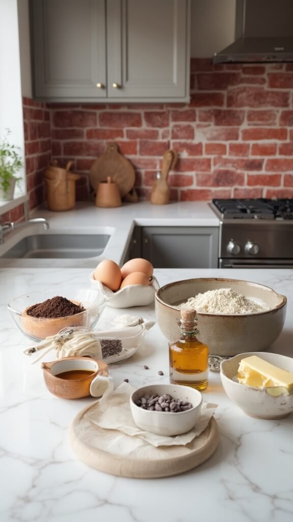 Raw ingredients for keto brownies arranged on a modern kitchen countertop with white marble, stainless steel appliances, and red subway tile backsplash