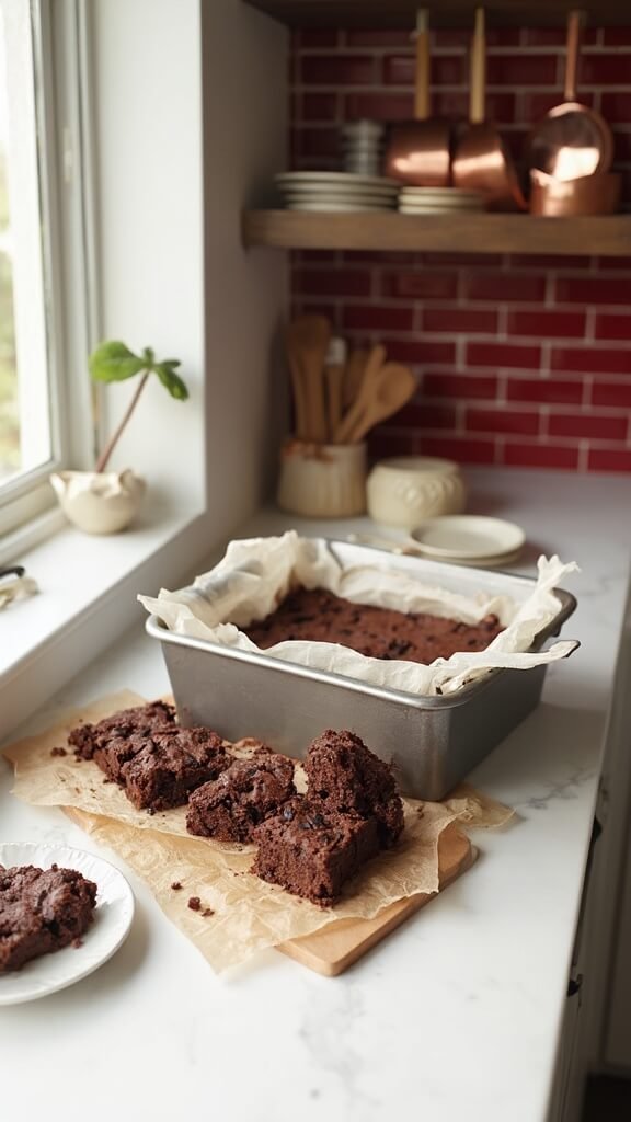 Keto brownies with fudgy interior and chocolate chips, freshly baked and cut into squares on a wooden cutting board in a modern kitchen with red subway tiles and natural daylight.