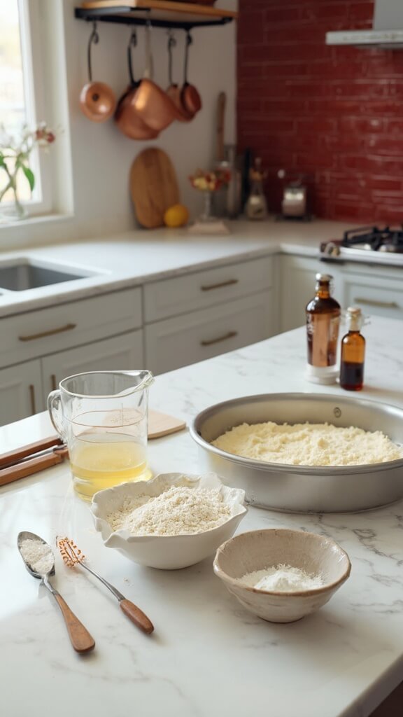 Ingredients for keto cheesecake crust displayed on a white marble countertop in a modern kitchen