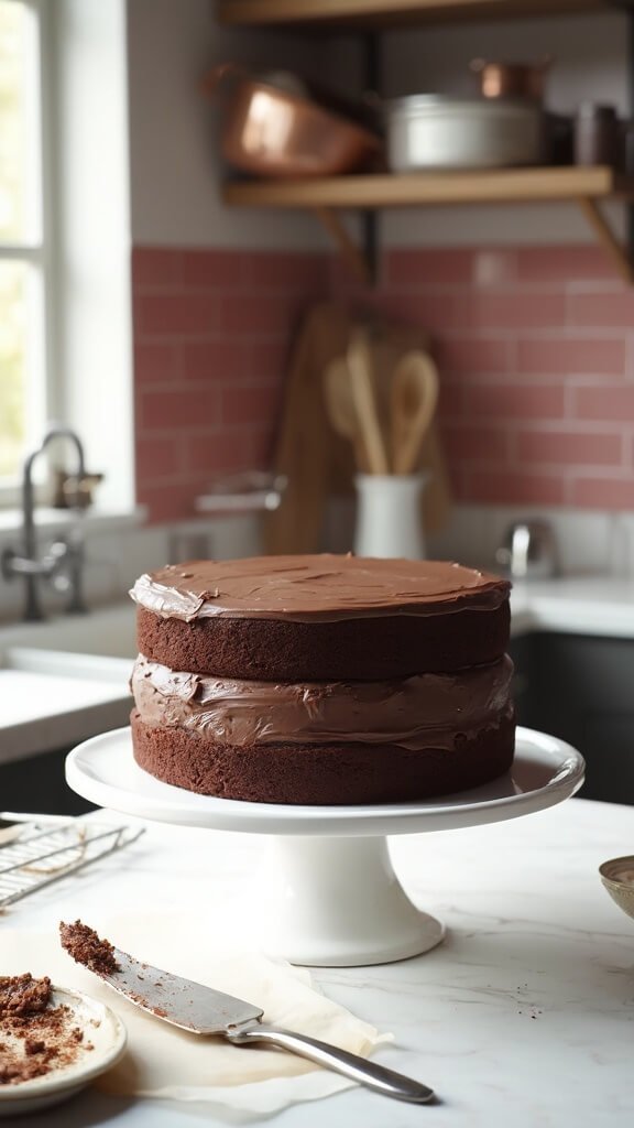 Triple-layer Keto chocolate cake on white ceramic stand in modern kitchen, with baking tools and copper pots in background.