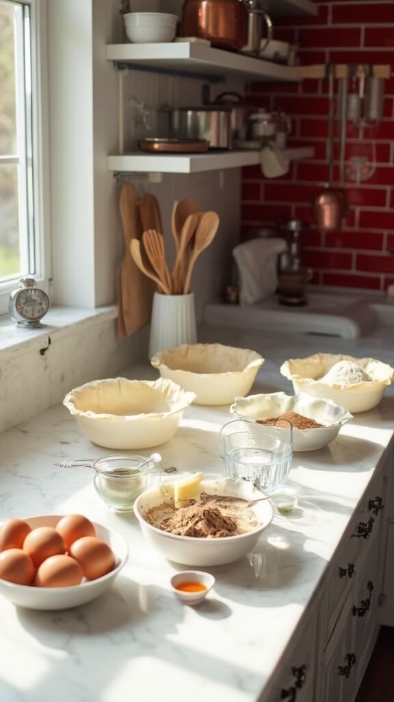 Modern kitchen setup with measured ingredients for baking, including almond flour, cocoa powder, and eggs, lit by natural daylight