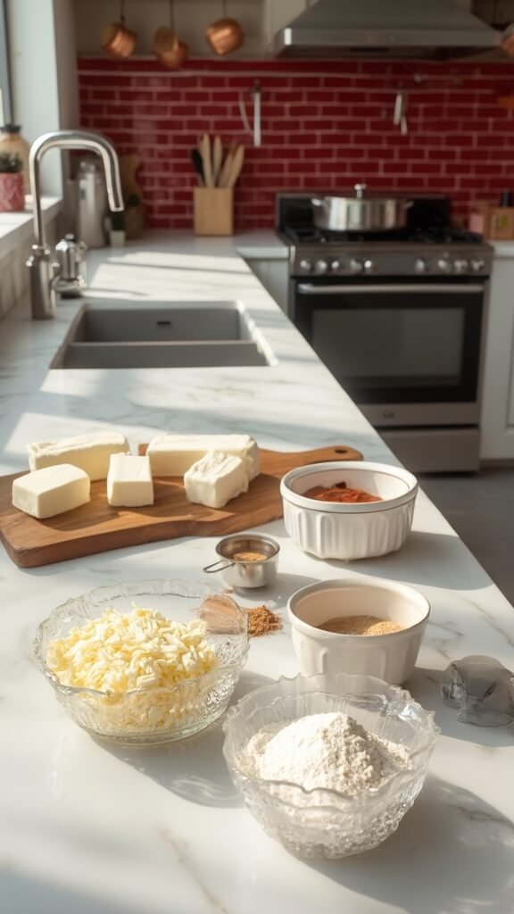 Ingredients for keto cinnamon rolls arranged on a modern kitchen counter in natural daylight, including shredded mozzarella, cream cheese, almond flour, eggs, and spices.