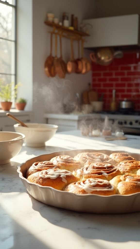 Golden-brown keto cinnamon rolls with cream cheese glaze in modern kitchen with red subway tiles backsplash and copper pots.