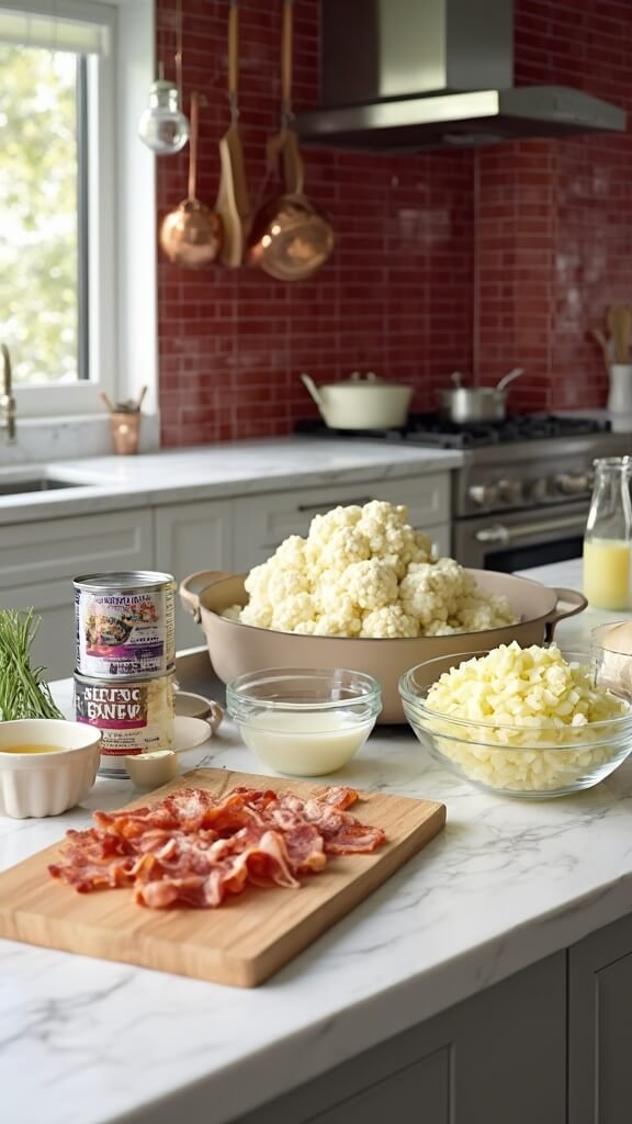 Modern kitchen setup with ingredients for keto clam chowder, including clams, cauliflower, bacon, onion, celery, garlic, cream, chicken broth, and seasonings, ready on white marble counter