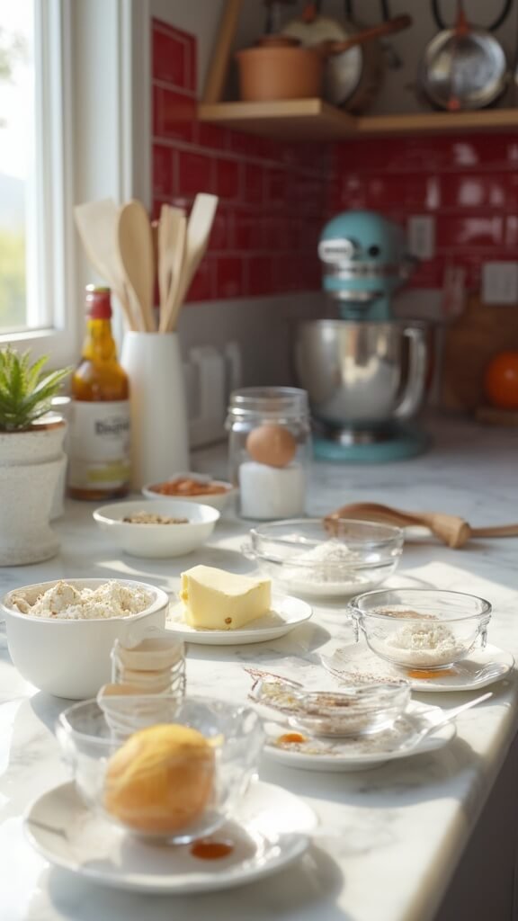 Ingredients for keto sugar cookies neatly arranged on a marble countertop in a modern kitchen with red subway tile backsplash, wooden utensils, and modern cookware under natural daylight