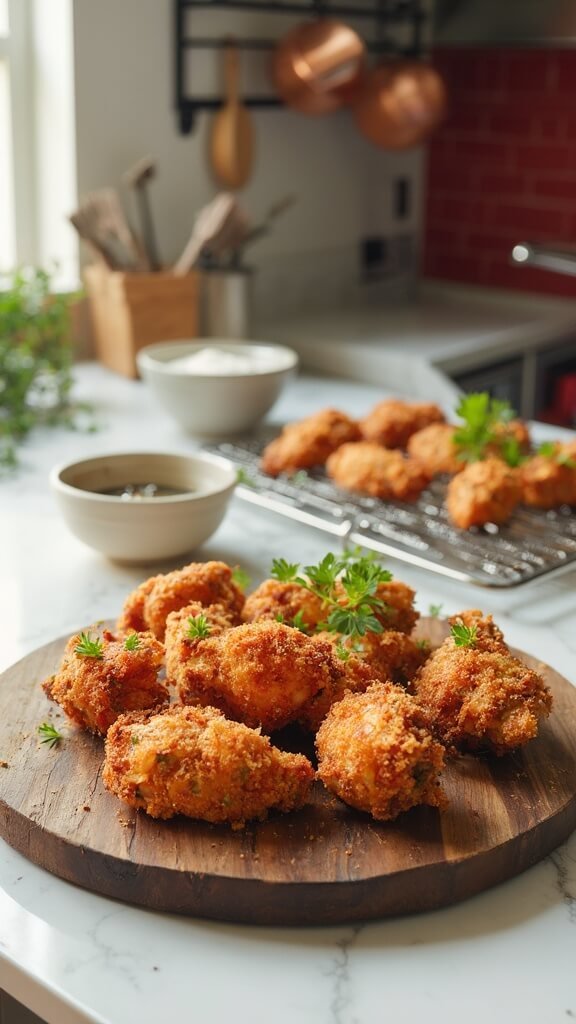 Crispy keto fried chicken on rustic wooden board in a modern kitchen with red subway tiles and stainless steel appliances, garnished with fresh parsley