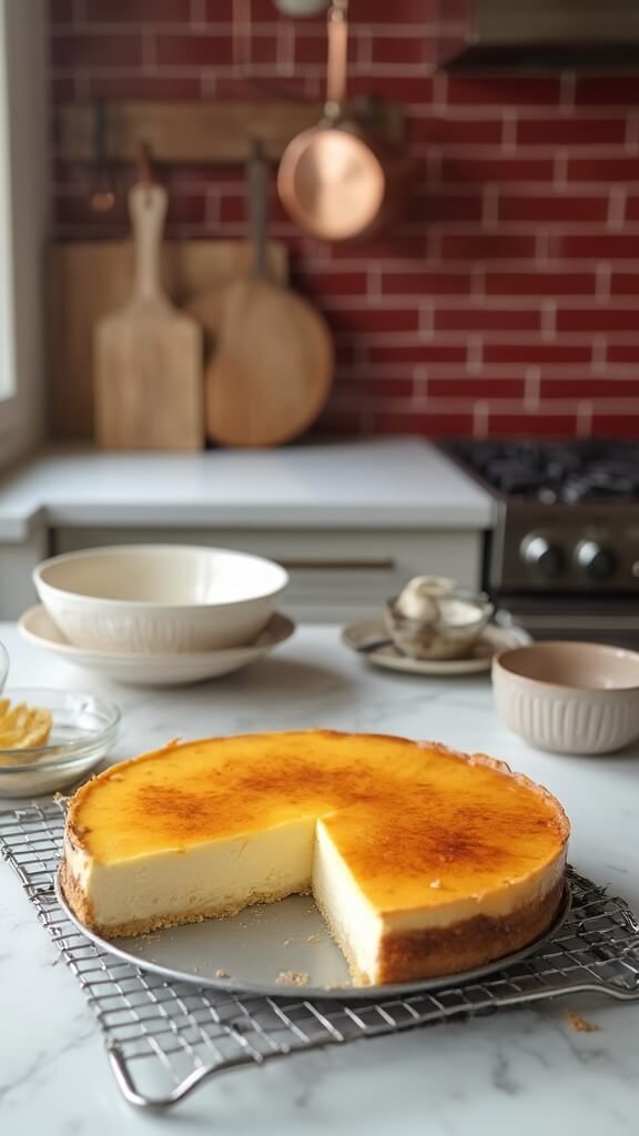 Freshly baked keto New York cheesecake in a modern kitchen with warm, earthy color grading