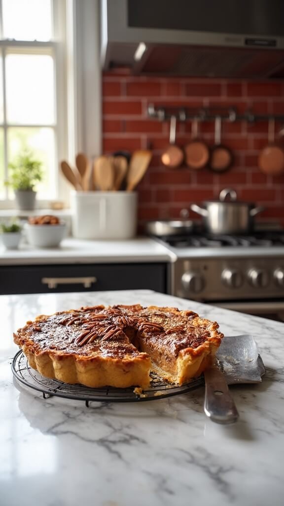 Keto pecan pie cooling on wire rack in modern kitchen with warm, earthy color grading
