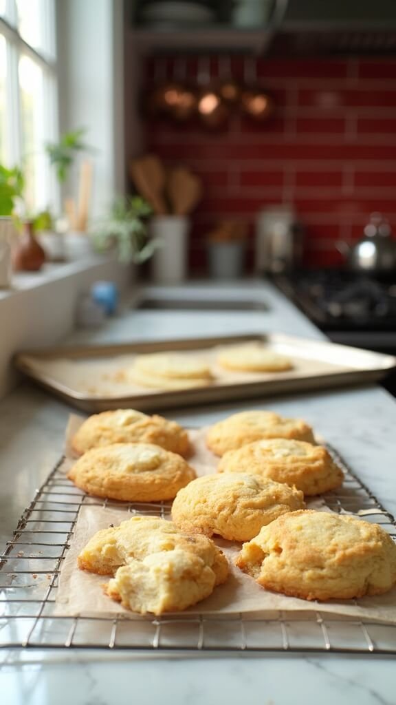 Golden keto sugar cookies cooling on wire rack in modern kitchen with warm, earthy color grading