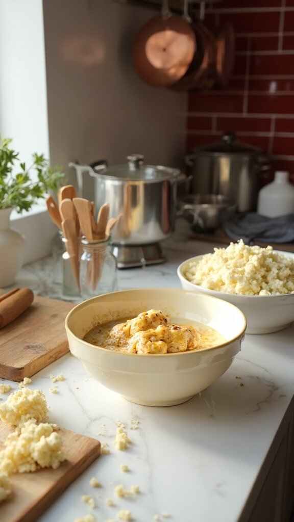 Marinated chicken and cauliflower preparation in a modern kitchen with red subway tile backsplash, wooden utensils, cream-colored and clear bowls, and copper pots hanging overhead, under soft natural daylight.