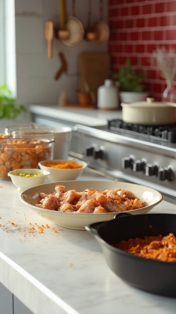 Marinated chicken strips in a mixing bowl in a modern kitchen with red subway tiles and stainless steel appliances, prepped vegetables in bowls and a cast iron skillet on the stovetop.