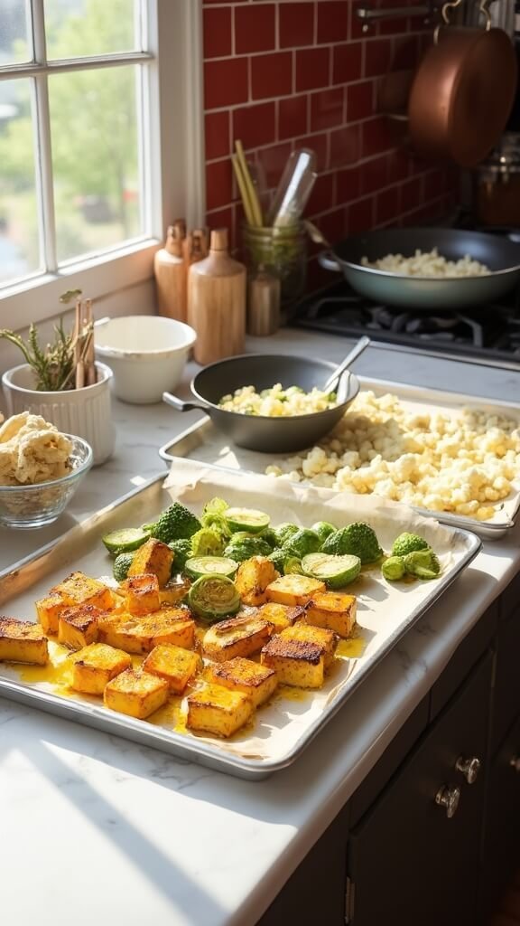 Marinated tofu and mixed vegetables ready for roasting in a sunlit modern kitchen