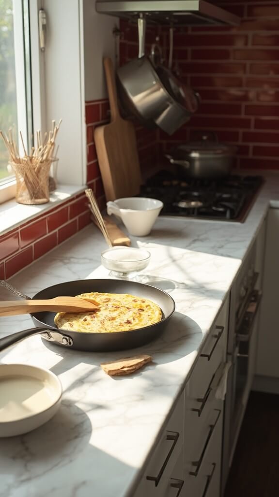 Modern kitchen with sunlight illuminating red subway tile backsplash and sleek stainless-steel appliances, featuring a carefully cooked omelette in a pan with eggs nearly set, showcased with warm, earthy color grading.