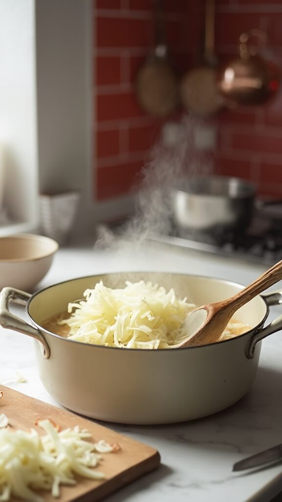 Raw sliced onions being stirred into melted butter in a Dutch oven, in a modern kitchen with red subway tile backsplash