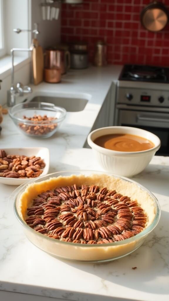Pecan arrangement in almond flour crust on a modern kitchen countertop, waiting for caramel filling