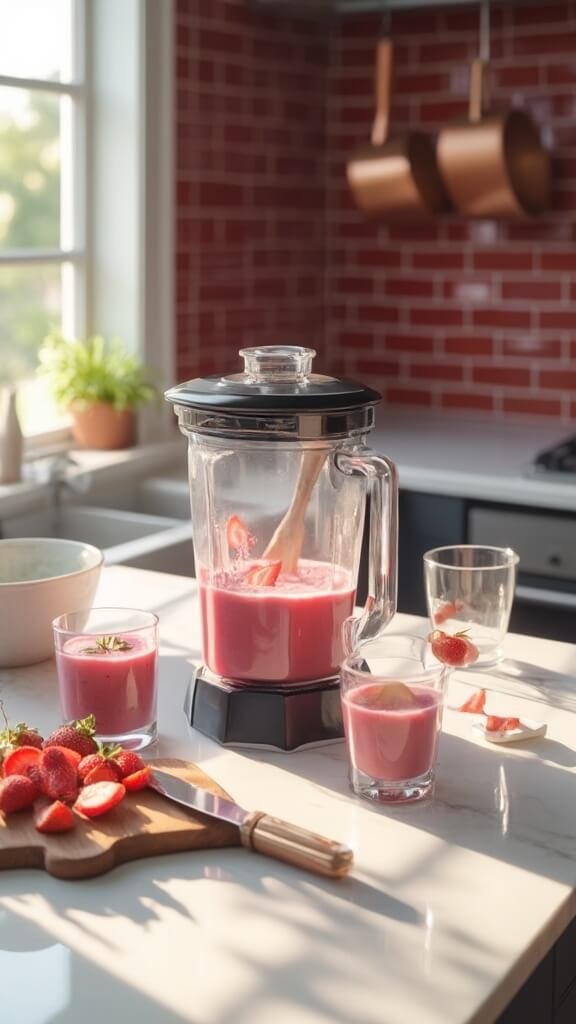 Fresh strawberries being sliced into heart shapes on wooden cutting board in modern kitchen, with vibrant pink smoothie in blender and two clear glasses ready on marble countertop.