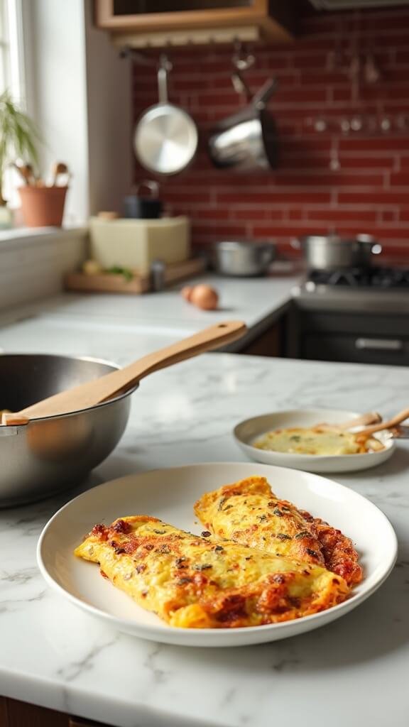 Pizza omelette with melted cheese and golden edges on a white ceramic plate in a modern kitchen with red subway tile backsplash and stainless steel appliances, shot from a 45-degree angle