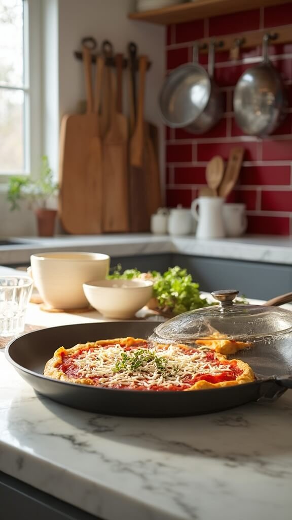 Modern kitchen with preparation of omelette topped with pizza sauce, mozzarella and oregano under natural daylight