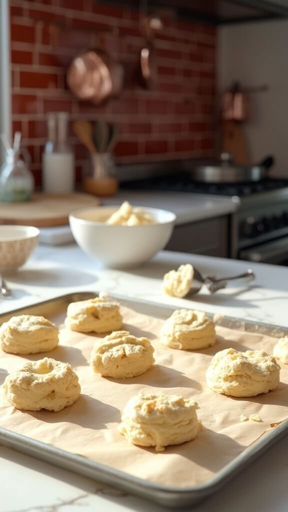 Raw biscuit dough placed on a baking sheet in a modern kitchen with warm lighting