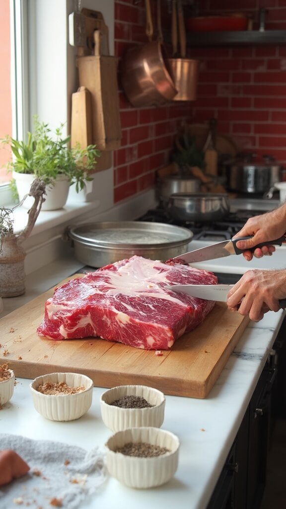 Professional food photographer preparing and trimming a raw brisket on a modern kitchen countertop, with various spices and utensils nearby