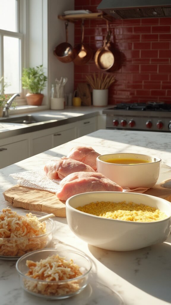 Chicken pieces on wooden board in modern kitchen setup with dredging station and ingredients for coating.