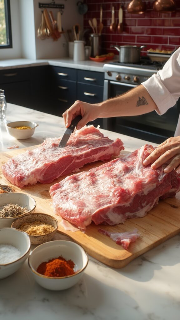 Chef preparing St. Louis pork ribs on a modern kitchen countertop, removing the membrane with a knife and paper towels, surrounded by small bowls of various spices